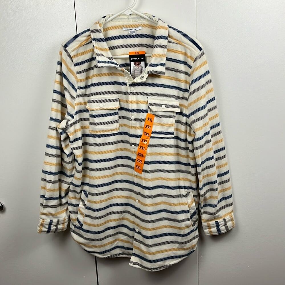 O’Neill Fleece Shirt Womens XXL Snap Up Cream Stripes Long Sleeve Pockets